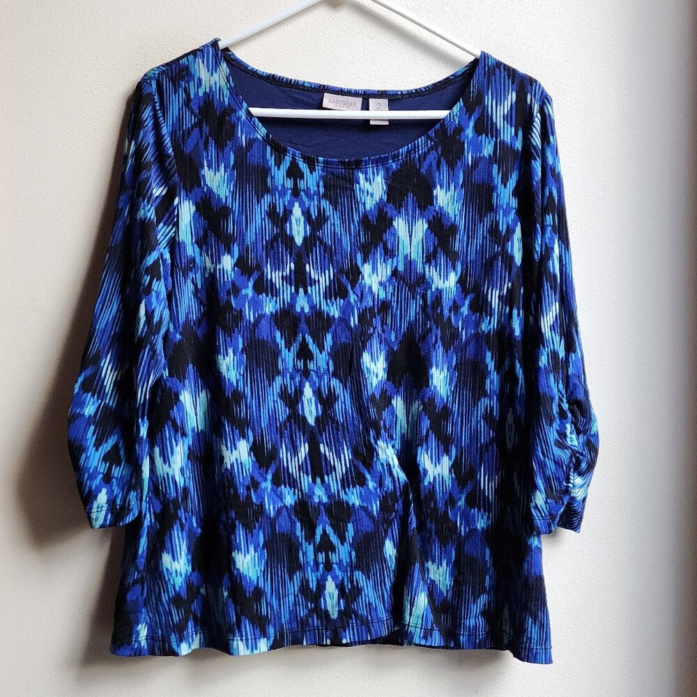 EASYWEAR By Chico's Blue/Black Abstract Scoop Neck Jersey Size 2 (12/14 - Large)